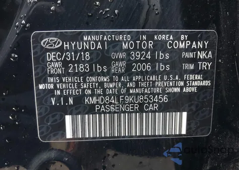 2019 Hyundai Elantra Sel z USA, uszkodzony, nr VIN KMHD84LF9KU853456
